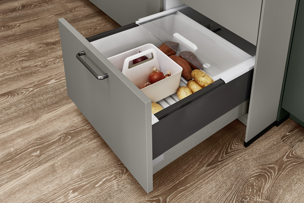 Echt slim: het indelingssysteem  Pantry-Box  met kunststoffen rooster en draagbox voor lades van 60 cm breed.